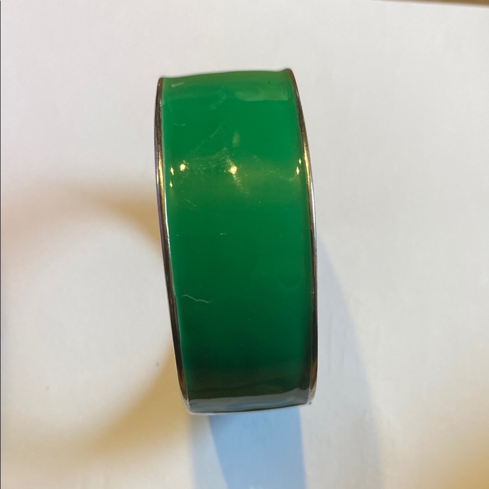 Green enamel and Silver clamper Bangle Bracelet 2.5”